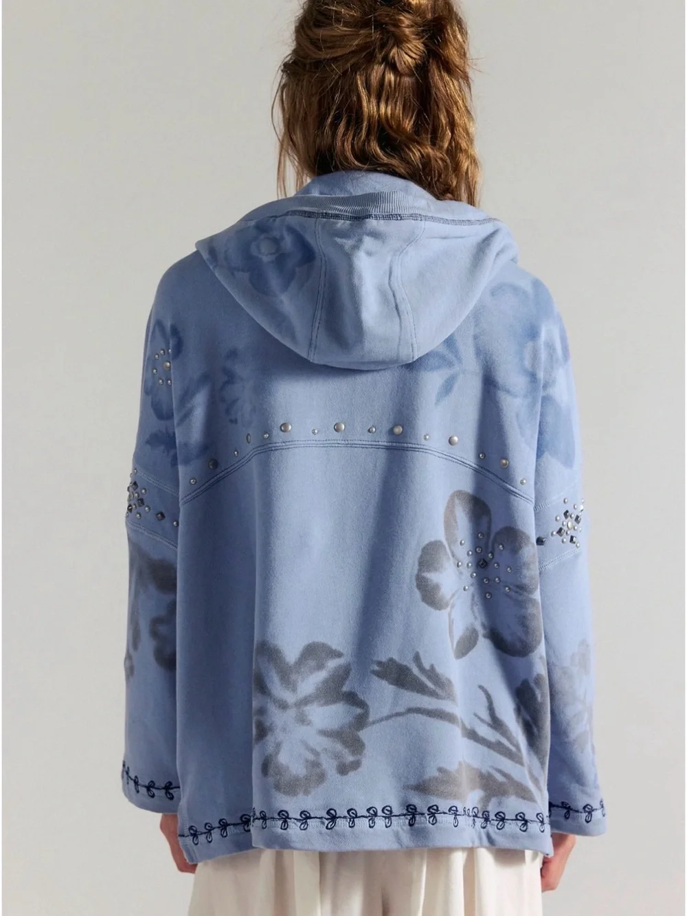 NWT Free People Sweatshirt Silver Studded Floral Embroidered - Half Zip Hoodie